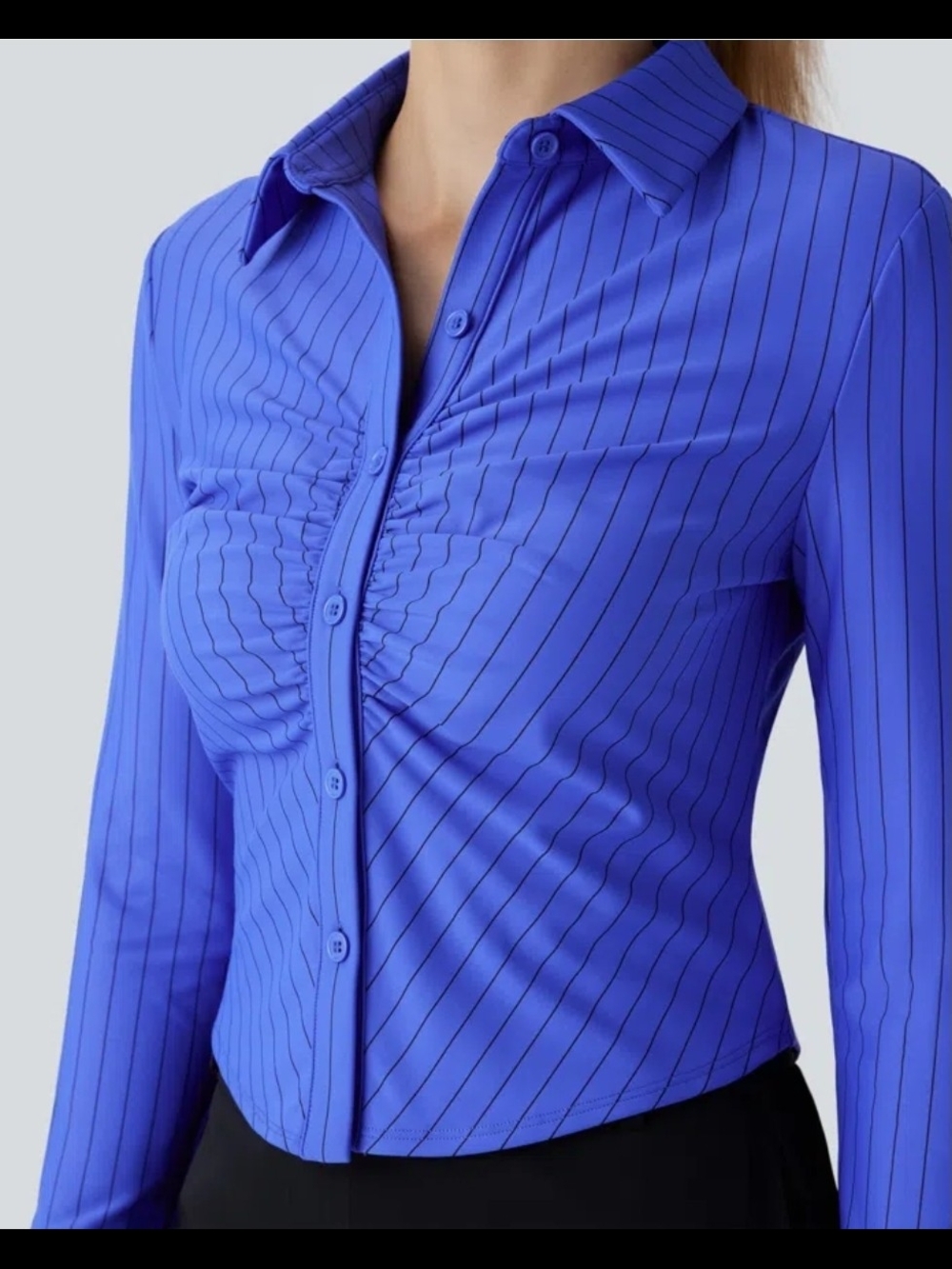 Collared Button Ruched Long Sleeve Curved Hem Stripe Cool Touch Work Shirt #31